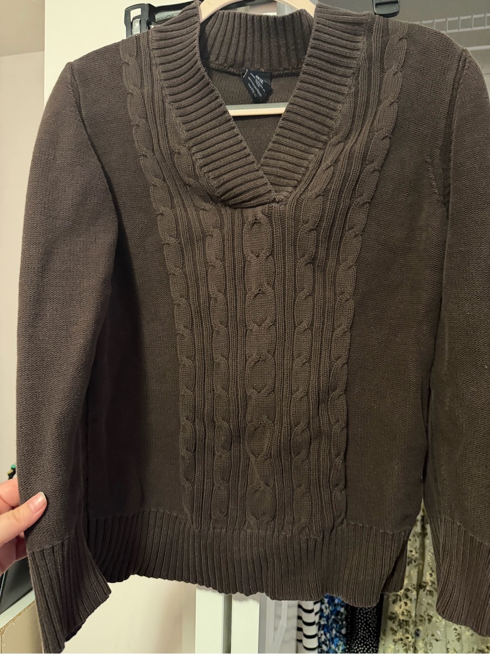 Brown Cable-Knit V-Neck Sweater
